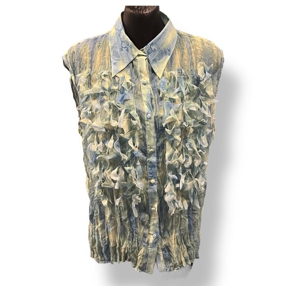 90's U Dress By Sharon Sleeveless Blue Yel Metallic Thread Ruffled Top New Large - Picture 1 of 8